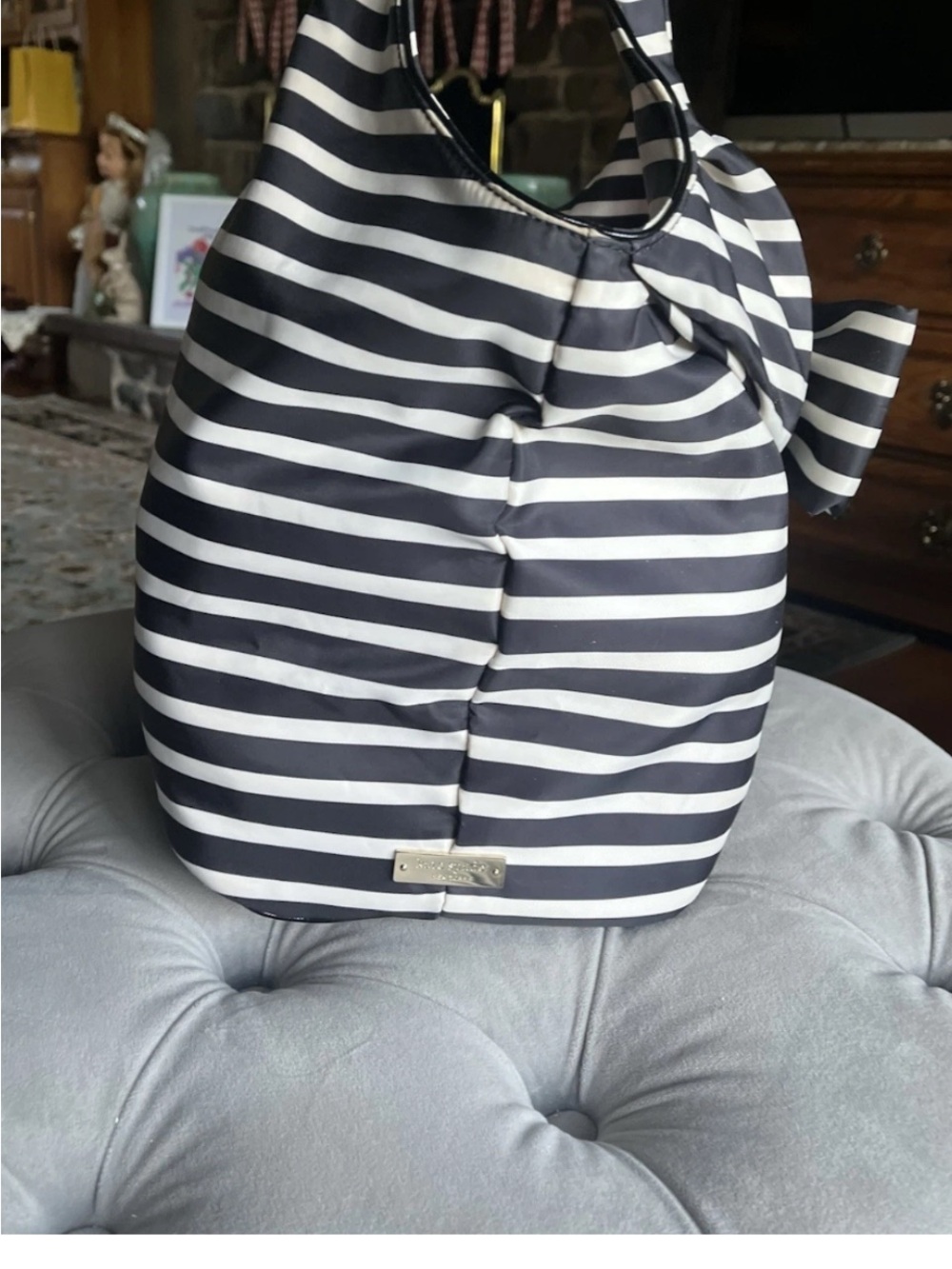 kate spade Black & White Striped Bow Handbag/Tote - Picture 4 of 16